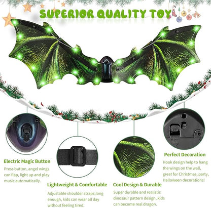 Toddler Electric Dragon Wings, Kids Dinosaur Costume Wings with LED Light & Music, Halloween Dino Dress-Up Costumes for Boys & Girls, Green Dinosaur toys for Kids as Christmas Birthday Party Gifts