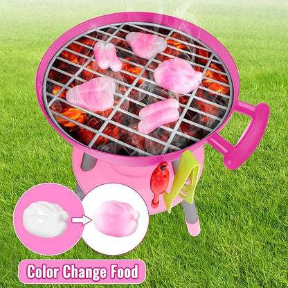 deAO Kids BBQ Grill Playset,36 Pcs Kitchen Toy with Realistic Smoke,Light,6Pcs Change Color Pretend Foods,Cutting Foods Toys,Interactive BBQ Toy Set for Kids