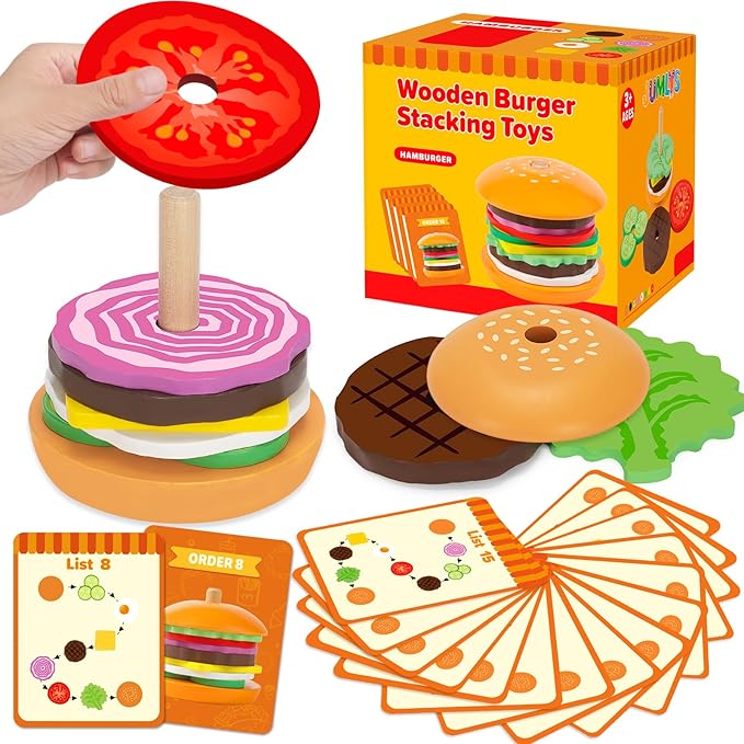 Jumlys Montessori Toys for 2, 3, 4, 5, Year Old, Wooden Burger Stacking Toys, Fine Motor Toys for Kids Boys Girls, Ideal Preschool Educational and Learning Toys, Perfect Christmas Birthday Gifts