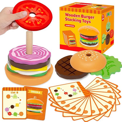 Jumlys Montessori Toys for 2, 3, 4, 5, Year Old, Wooden Burger Stacking Toys, Fine Motor Toys for Kids Boys Girls, Ideal Preschool Educational and Learning Toys, Perfect Christmas Birthday Gifts