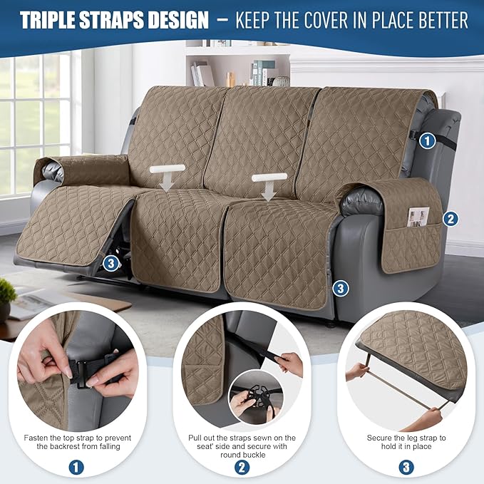 TAOCOCO 100% Waterproof Recliner Covers, Recliner Sofa Covers with Leg Straps, Reversible Recliner Couch Cover for Reclining Chair, Washable Couch Protector for Pets Kids(3 Seater, Khaki)