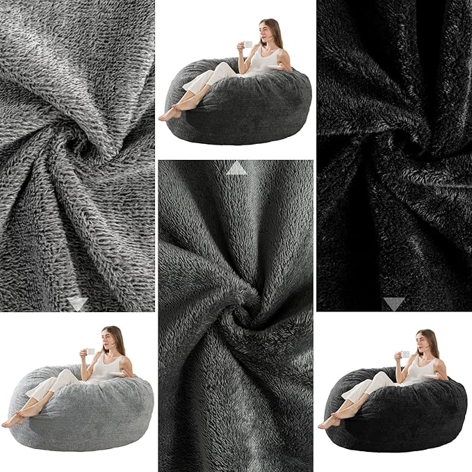[Sherpa Cover] Large Bean Bag Chair: 4 ft Bean Bag Chairs for Adults/Kids with Filling,Ultra Soft Faux Fur Fabric,Memory Foam Bean Bag with Filler Included - 4 Foot,Dark Gray