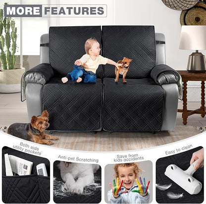 TAOCOCO 100% Waterproof Oversized Loveseat Recliner Cover, Non Slip Split Loveseat Covers for Reclining Loveseat with Elastic Straps for Kids Pets(Oversized 2 Seater, Black)