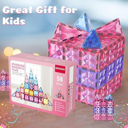 Princess Magnetic Tile Castle 3D Building Block Set - Sensory STEM Educational Building Toddler Kids Toys - Pink Magnetic Building Block with Doll Girl Birthday Gift for 3 4 5 6 7 8 Years Old