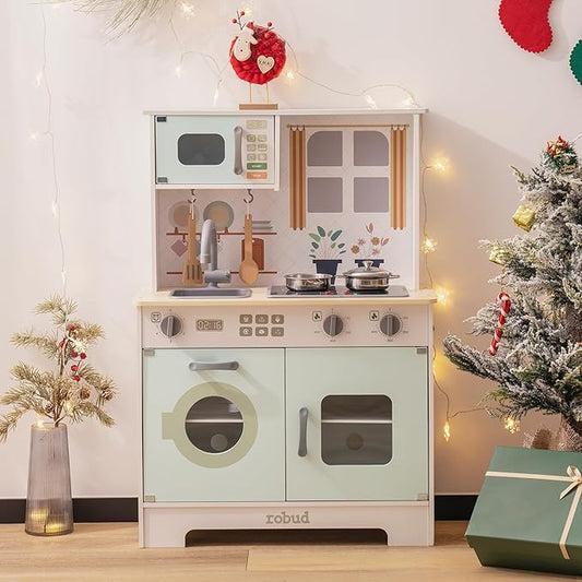 ROBOTIME Play Kitchen Set for Kids Toddlers, Wooden Kids Play Kitchen Playset with Real Lights & Sounds, Pretend Toddler Kitchen Gift for Girls Boys Age 3+
