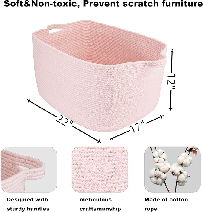 XUANGUO Large Rectangle Blankets Baskets 22"x17"x12" Toy Basket for Kids Woven Cotton Rope Storage Basket for Nursery - Wicker Laundry Baskets for Clothes Towels - Ideal for Living Room Storage pink
