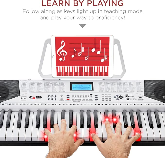 Best Choice Products 61-Key Beginners Complete Electronic Keyboard Piano Set w/Lighted Keys, LCD Screen, Headphones, Stand, Bench, Teaching Modes, Note Stickers, Built-In Speakers - White