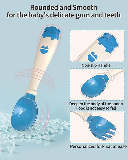 Deejoy Toddler Utensils with Travel Safe Case, Silicone Baby Spoons and Fork Set for Self Feeding, Toddlers Feeding Training Spoon, Easy Grip Heat-Resistant, Bendable Function (2 Sets, Yellow+Blue)