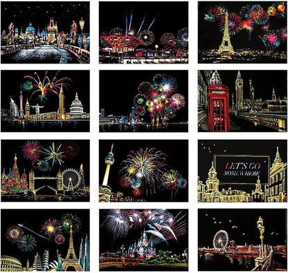 Georgie Porgy Scratch Paper Art Set DIY Arts and Crafts Kits for Kids Adults Magic Rainbow Scratch Postcards for Christmas Birthday Gift with Scratching Tools Kit (Europe Fireworks Architecture)