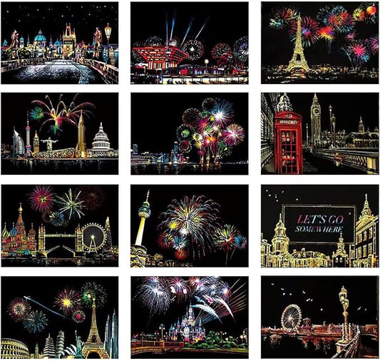 Georgie Porgy Scratch Paper Art Set DIY Arts and Crafts Kits for Kids Adults Magic Rainbow Scratch Postcards for Christmas Birthday Gift with Scratching Tools Kit (Europe Fireworks Architecture)