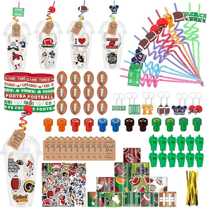 Football Party Favors 170 Pcs Football Birthday Party Decoration With Cups Straws Slap Bracelets Whistles Stress Balls Wristbands Keychains Stamps Stickers Thank you Tags(Football)