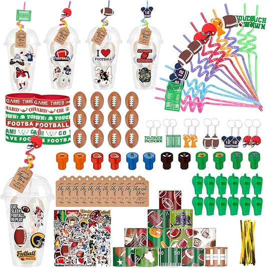Football Party Favors 170 Pcs Football Birthday Party Decoration With Cups Straws Slap Bracelets Whistles Stress Balls Wristbands Keychains Stamps Stickers Thank you Tags(Football)