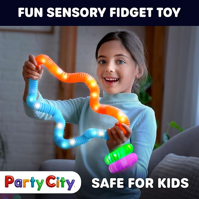 Party City 12pk LED Light Up Pop Tubes 25”- 3 Mode Stretchy Tubes LED Light Up Toys Bulk Glow Sticks Party Favors for Kids Necklaces Bracelets Neon Glow in the Dark Supplies Fidget Sensory Tube Pack