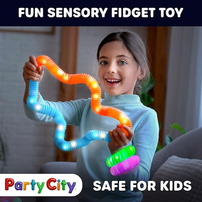 Party City 12pk LED Light Up Pop Tubes 25”- 3 Mode Stretchy Tubes LED Light Up Toys Bulk Glow Sticks Party Favors for Kids Necklaces Bracelets Neon Glow in the Dark Supplies Fidget Sensory Tube Pack