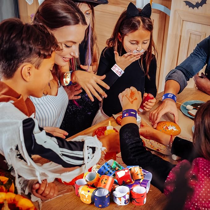 Liliful 360 Pcs Halloween Slap Bracelets Bulk for Kids Halloween Snap Bracelets Decor 24 Styles Halloween Wristbands Bags Filler Halloween Party Favor