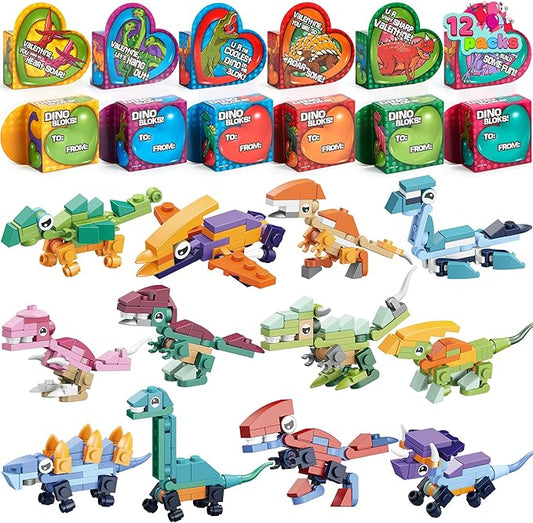 JOYIN 12 Packs Valentines Party Favors Dinosaur Building Blocks Toys with Heart Boxes for Valentine Kids Classroom Exchange, Prize Supplies, Valentine’s Gifts Exchange School Rewards