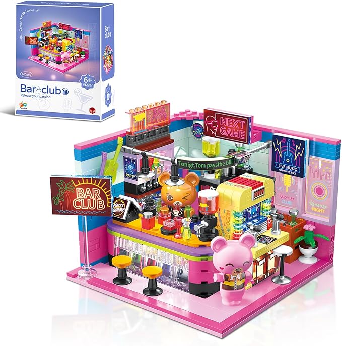 Friends House Building Block Set, Bear Club Business City View Small Brick Model, Mini Construction Toy, Hobbies Christmas Birthday Gift for Teens Children Kids Boys Girls 6+, 602pcs