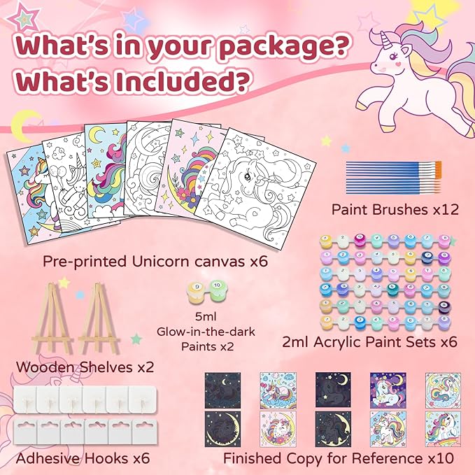 6 Pack Unicorn Paint by Numbers for Kids - Glow in The Dark Predrawn Canvas, Arts and Crafts with 50 Paints,12 Brushes 2 Easels, DIY Acrylic Oil Painting Kits for Boys Girls Beginners, Home Wall Decor