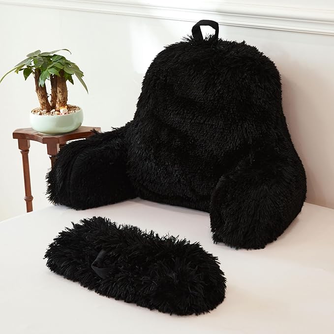 XeGe Faux Fur Reading Pillow Cover (No Filler), Fluffy Backrest Pillow Case for Sitting in Bed, Adults Kids Shaggy Sit Up Back Support Study Pillow Cover for Couch Chair Home Decoration, Black