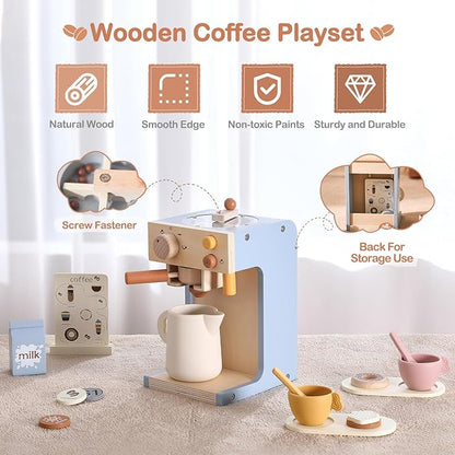 EERKEOD Toy Coffee Maker for Kids Wooden Kids Coffee Maker Playset for Toddlers Play Kitchen Accessories Gift for Girls and Boys