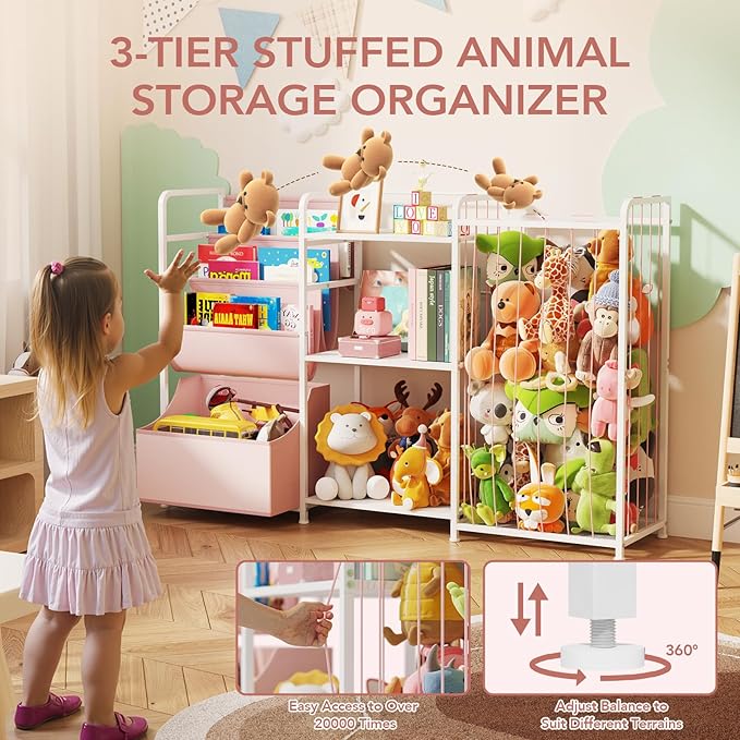 BBLIKE 3in1 Stuffed Animal Storage Organizer - Toy Storage with Kids Bookshelf & Large Plushies Holder for Kids Room - Multi-Functional Furniture for Nursery, Bedroom, and Playroom, Pink