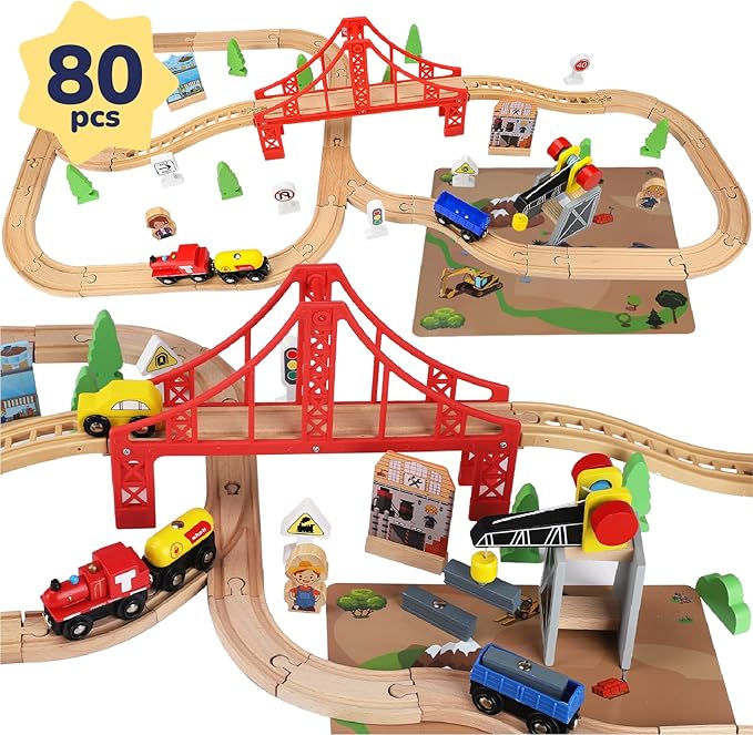 TOY Life Train Set 80pcs Wooden Train Set with Crane, Wooden Train Tracks Toy Train Set for Toddlers 3 4 5, Wooden Toys Toddler Train Set Gift for Kids 4-8, Fits Thomas Brio Melisa Train Track Set