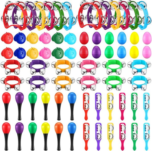 Silipull 108 Pcs Shaker Musical Instruments Set for Kids Early Music Learning Toy Bulk Egg Shaker Wrist Hand Band Bells Maracas Percussion Tambourine Cymbals Plastic Castanets for Preschool