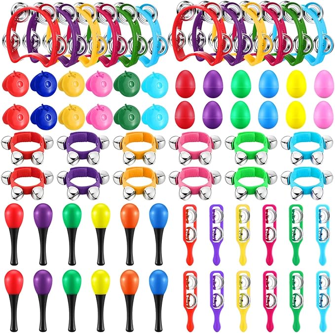 Silipull 36 Pcs Shaker Musical Instruments Set for Kids Early Music Learning Toy Bulk Egg Shaker Wrist Hand Band Bells Maracas Percussion Tambourine Cymbals Plastic Castanets for Preschool