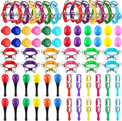 Silipull 36 Pcs Shaker Musical Instruments Set for Kids Early Music Learning Toy Bulk Egg Shaker Wrist Hand Band Bells Maracas Percussion Tambourine Cymbals Plastic Castanets for Preschool
