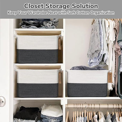 Goodpick Woven Storage Basket for Shelves, Baskets for Organizing, Cotton Rope Baskets with Handles, Rectangle Basket for Baby Toy Storage, 13 x 10 x 9 Inches, White & Dark Gray