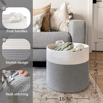 Goodpick Cotton Rope Storage Basket, 15 x 14.2 Inches Baby Laundry Baskets for Clothes, Toy Storage Blanket Basket With Handles for Living Room, Small Woven Baskets for Organizing Home Décor, Grey