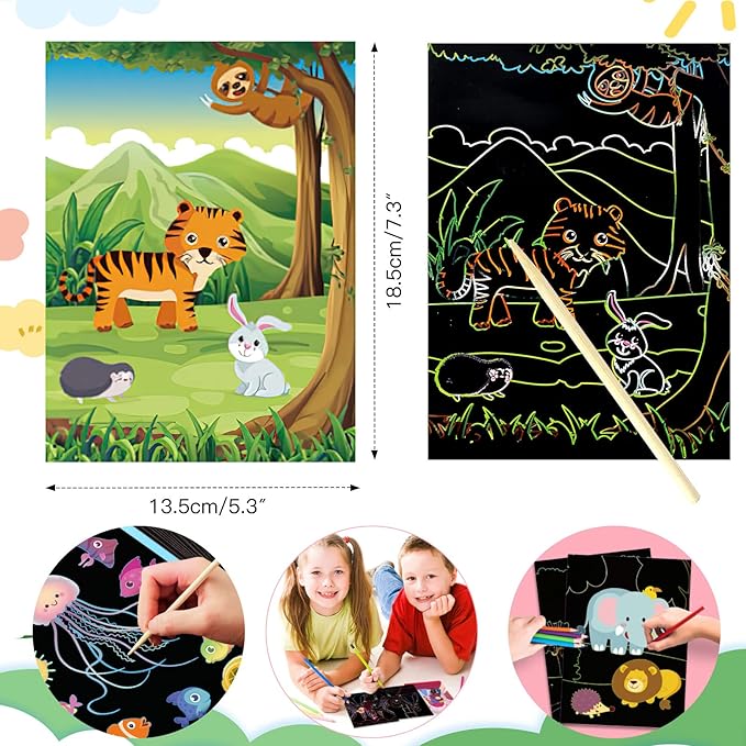 3Set Scratch Paper Art for Kids, Colorful Magic Drawing Book for Children Girls, Rainbow Scratch Off Craft Painting Book with 3 Scratch Pen for Birthday Party Games, DIY Projects Kits Craft Gifts