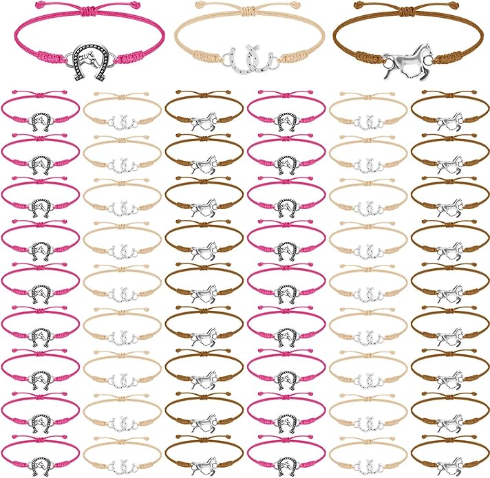 Sureio 48 Pcs Horse Rope Braided Bracelet Gifts Bulk Horse Goodie Party Favors Western Cowgirl Cowboy Adjustable Wedding Bridal Shower Bracelets for Women