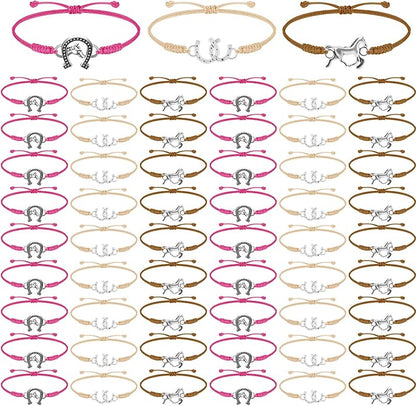 Sureio 48 Pcs Horse Rope Braided Bracelet Gifts Bulk Horse Goodie Party Favors Western Cowgirl Cowboy Adjustable Wedding Bridal Shower Bracelets for Women