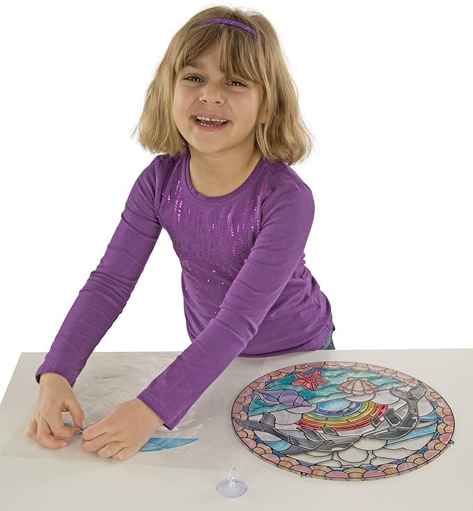 Melissa & Doug Stained Glass Dolphin Art Kit, Arts and Crafts for Kids Age 5+, Kids Craft Kits, Kids Activity Window Art, Sticker Art, Animal Stickers, Mess Free Activity