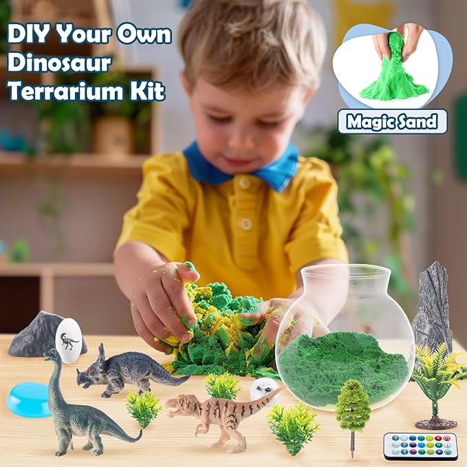 Hollyhi Light Up Terrarium Kit for Kids, DIY Dinosaur Toys for 3 4 5 6 7 8 9 10 11 12 Year Old Girls Boys, Night Light Dinosaur Terrarium Kit Arts and Crafts for Girls, Kids Christmas Birthday Gifts