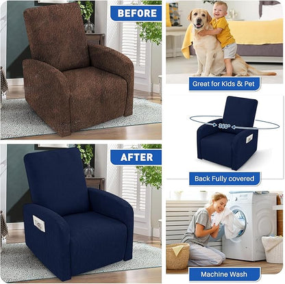 MAXIJIN Waterproof Small Recliner Chair Covers 3 Pieces Recliner Cover That Stay in Place, Lazy Boy Recliner Slipcovers with Pockets Reclining Protector for Pet (Small Recliner, Navy Blue)