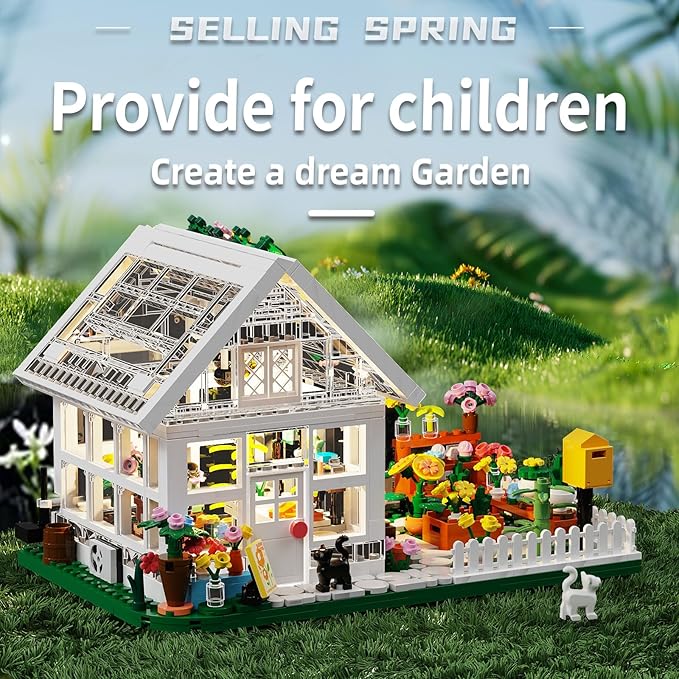 Flower House Building Mini Set with LED, City Street View Greenhouse Building Blocks Toy, Valentine Xmas Gift for Friends or Girls 8-12 Year