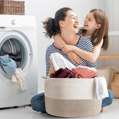 Throw Blanket Basket for Living Room, Extra Large Cotton Rope Basket for Storage, Woven Laundry Towel Hamper with Handles, Baby Toy Storage, 22" x 22" x 14" Pillow Bin