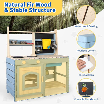 2 in 1 Mud Kitchen for Kids,Outdoor Play Kitchen & Grocery Store with Sink & Faucet,Blackboard,Utensils,Stove Top,Storage Bag,Backyard Garden Worktop Toy Toddler Kitchen for Boys and Girls
