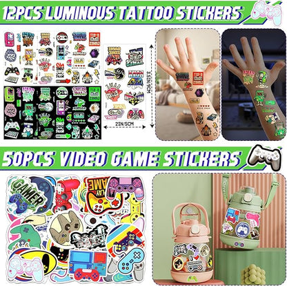110Pcs Video Game Party Favors Birthday Supplies for Boys, Bag Invitation Card Silicone Bracelet Keychain Luminous Tattoo Stickers Kids Gifts Game On Goodie Bag Stuffers Gaming Gamer Party Favors