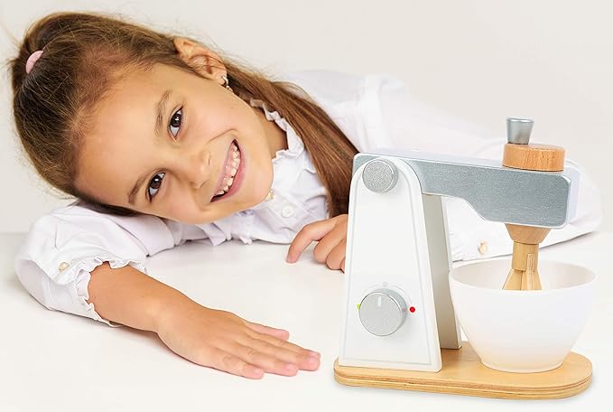 Small Foot Wooden Toys Wooden Mixer with Movable Upper Part and Stirring Bowl for Play Kitchens Designed for Children Ages 3+, Multi (10595)