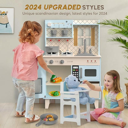 BIERUM Play Kitchen with Realistic Lights & Sounds, Wooden Kitchen Playset Chef Pretend Play Set for Toddlers, Toy Kitchen with 26 Pcs Toy Food & Cookware Accessories, Gift for Ages 3+