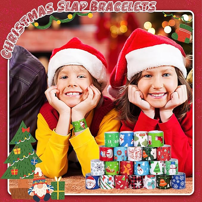 LovesTown 64PCS Christmas Slap Bracelets for Kids, Christmas Snap Bracelets Bulk Christmas Slap Wristbands for Stocking Stuffers Goodie Bag Fillers