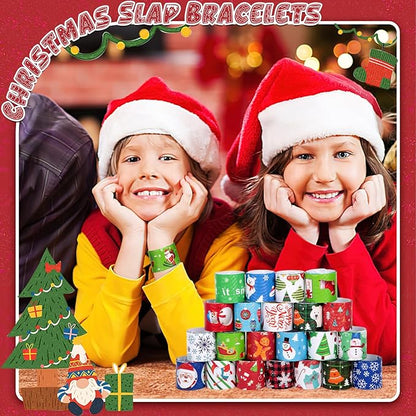 LovesTown 64PCS Christmas Slap Bracelets for Kids, Christmas Snap Bracelets Bulk Christmas Slap Wristbands for Stocking Stuffers Goodie Bag Fillers
