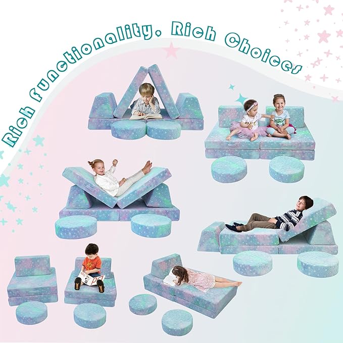 MeMoreCool Modular Glow Sofa for Kids, Colorful Star 8-Piece Convertible Foam Toddler Couch Play Set for Playroom and Children