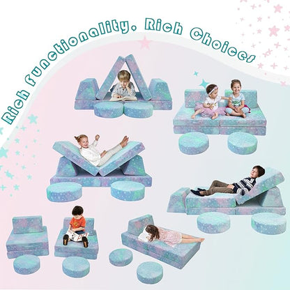 MeMoreCool Modular Glow Sofa for Kids, Colorful Star 8-Piece Convertible Foam Toddler Couch Play Set for Playroom and Children