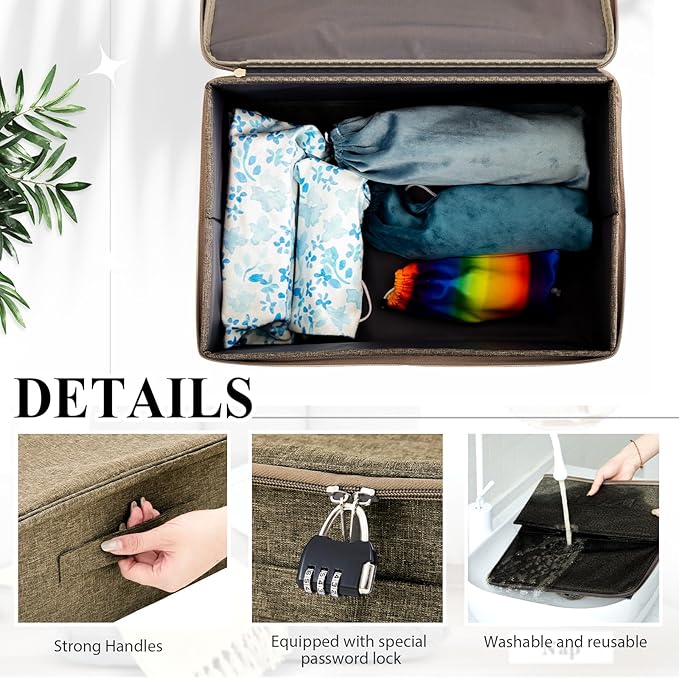 Briwooody Discreet Lockable Toy Bag Storage Organizer Toy Bag Storage Bins Case with Zipper Lid for Women and Men Clothes Container(Coffee,15 x 10 x 6.3 Inch)