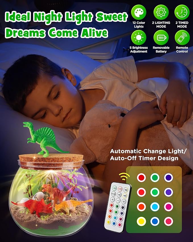 D-FantiX Dinosaur Toys Terrarium Kit for Kids, LED Dino Night Light, DIY Arts and Crafts Science Projects Kit, Birthday for Boys Age 3 4 5 6 7 8-12 Year Old