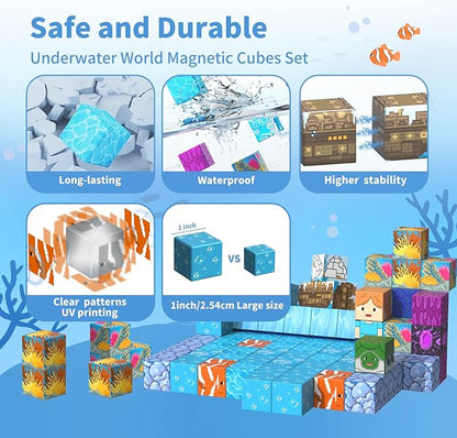 Magnetic Blocks-120PCS Ocean Quest Set，Magnetic Building Blocks Kids Toys for Ages 3 4 5 6 7 8 Birthday Gifts，STEM Montessori Sensory Toys for 3+ Years Old Boys & Girls